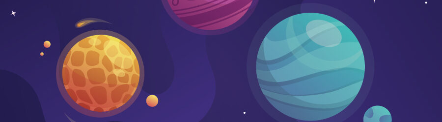 Three large cartoon planets, one yellow, one purple, and one blue, sit among a purple night space sky